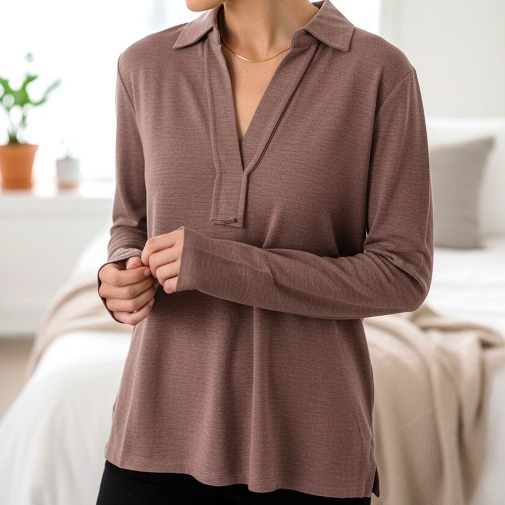 Mystree NWT Collared Split Neck Ribbed Knit Top Womens S Rosewood Mauve Brown